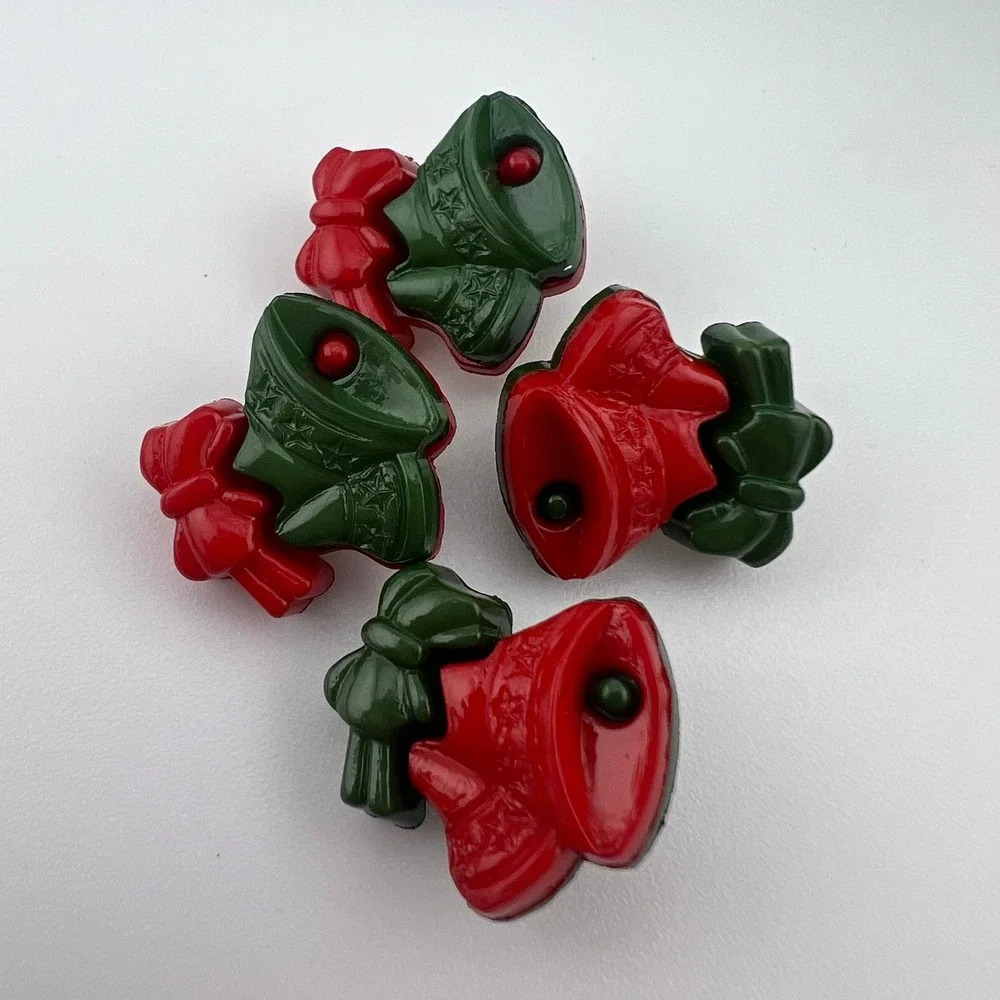 Vintage Christmas Bell Buttons Set of 4 Red Green Holiday Craft Sewing Shank‎